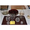 Image 1 : MIXED LOT: GLASS VASE, SALTS, MUSTARD JAR, PEDESTAL PLATE, RED BOWL, PITCHER (13 PCS) (DOES NOT INCL