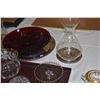 Image 2 : MIXED LOT: GLASS VASE, SALTS, MUSTARD JAR, PEDESTAL PLATE, RED BOWL, PITCHER (13 PCS) (DOES NOT INCL