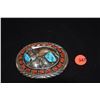 Image 2 : STERLING SILVER CORAL & TURQUOISE NAVAJO BELT BUCKLE; SIGNED