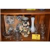 Image 1 : MIXED LOT: STEMWARE, VASES, TEA CUPS W/SAUCERS, CREAMER & SUGAR & FOOTED BOWL (15 PCS)
