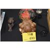 Image 1 : WOOD CARVED STATUARY & CHINESE HAT (3 PCS)