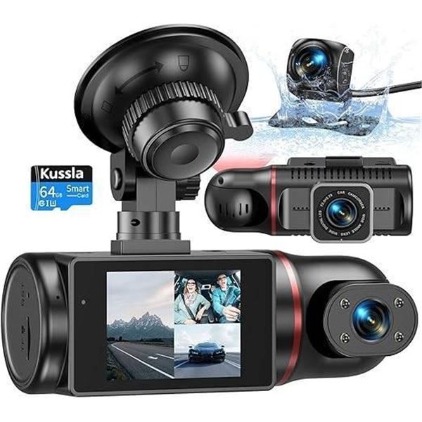 Kussla 3 Channel Dash Cam Front and Rear Inside, 1080P Dashcams for Cars with 64GB Card, Super Night