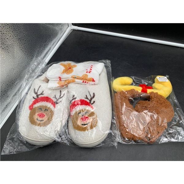Rudolph-Themed Slippers, Socks, and Headband Accessory Set (Size 42-43)