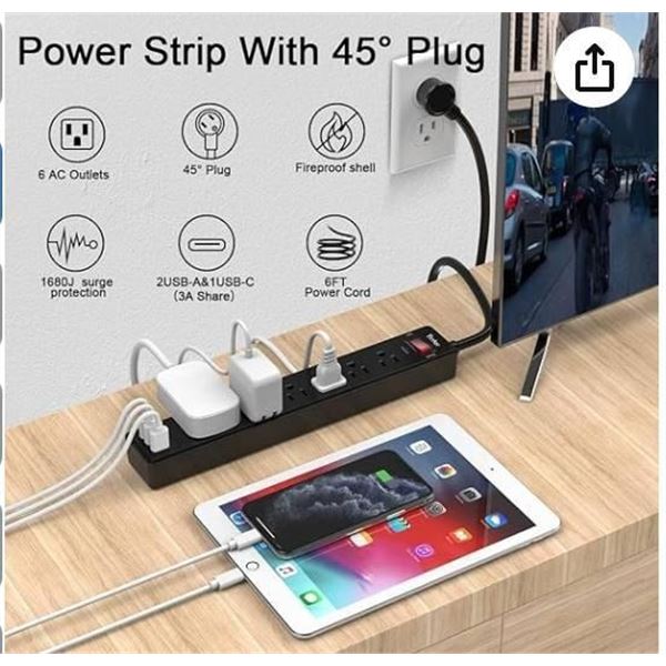 6Ft Power Strip Surge Protector – Yintar Extension Cord with 6 AC Outlets and 3 USB Ports