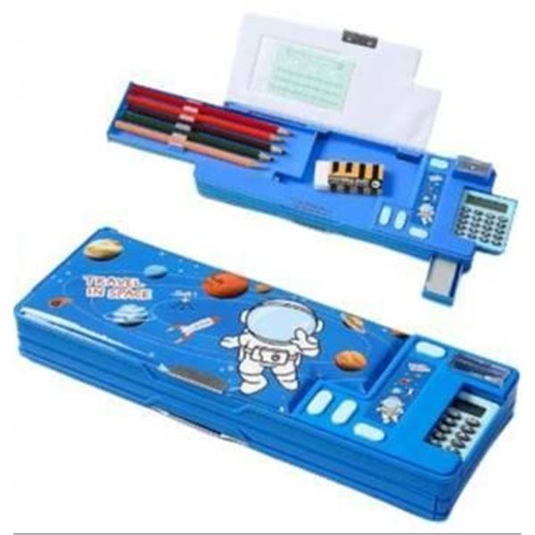 Multi-functional Blue Pencil Case With Space-Themed Design