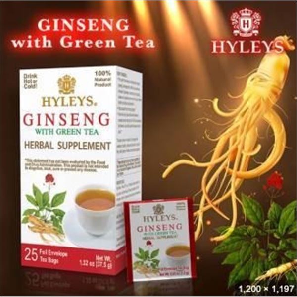HYLEYS Ginseng With Green Tea Herbal Supplement, 2×25 Tea Bags