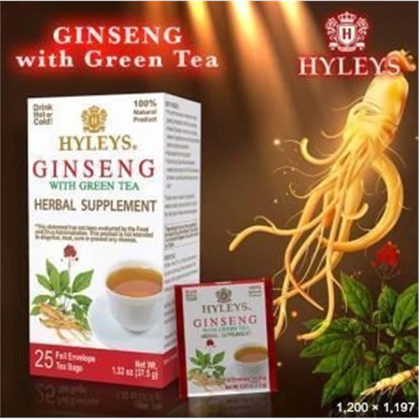HYLEYS Ginseng With Green Tea Herbal Supplement, 2×25 Tea Bags