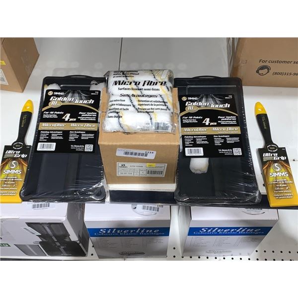 Lot of Simms Paint Accessories Set Including Roller Covers, Brush, and Trays