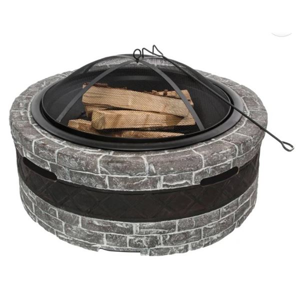 Sun Joe SJFP35-CS-STN Cast Stone Fire Pit, 35 Inches, Charcoal Gray Finish