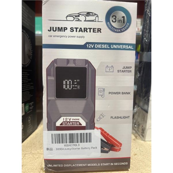 12V Diesel Universal 3000A Jump Starter with Power Bank and Flashlight