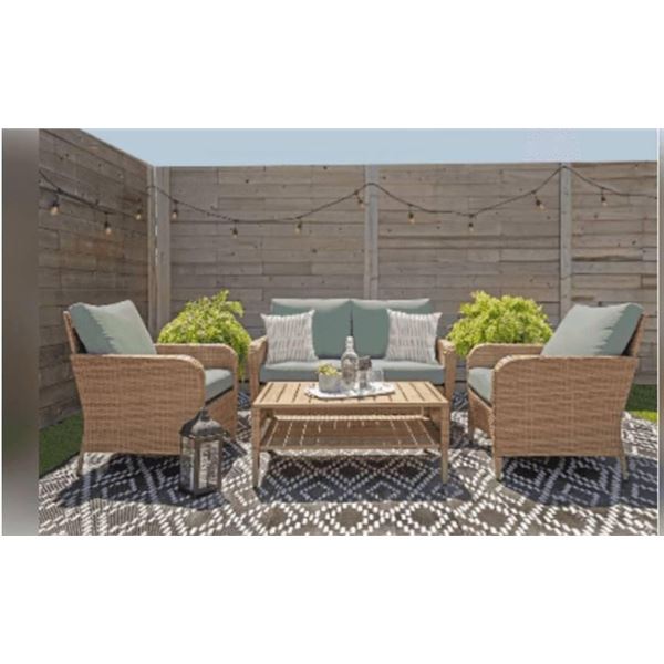Hampton Bay Dearstone 4-Piece Chat Set with Green Cushions