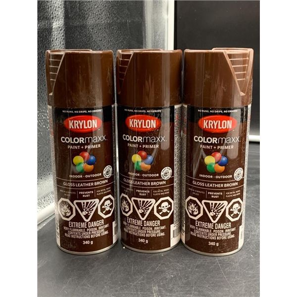 Krylon Colormaxx Gloss Leather Brown Paint and Primer Spray 340g Lot of 3
