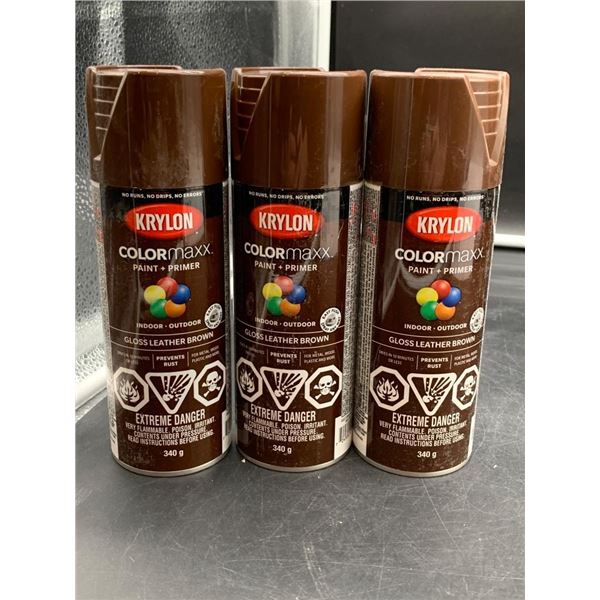 Krylon Colormaxx Gloss Leather Brown Paint and Primer Spray 340g Lot of 3