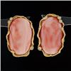 Image 2 : Large 14K Gold Oval Cabochon Coral w/ Diamond Textured Freeform Frame Earrings