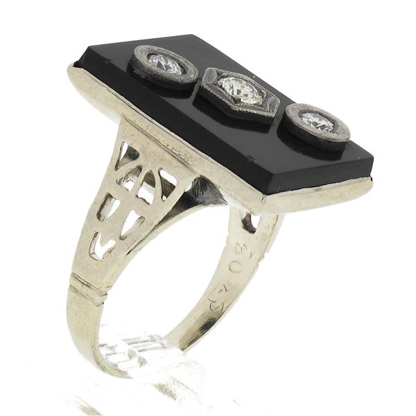Vintage 10k White Gold Rectangular Black Onyx w/ Diamond Open Work Sides Ring