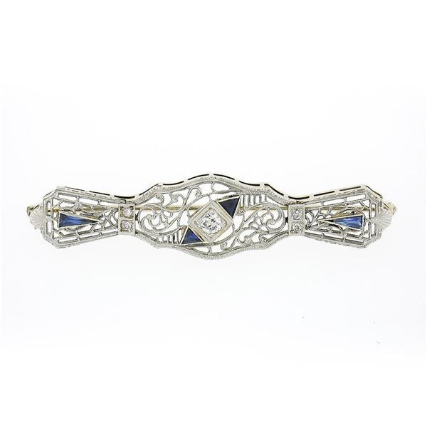 Antique Art Deco 14k Gold Diamond & Sapphire Milgrain Filigree Bar Pin Brooch