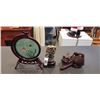 Image 1 : CARVED FOO DOG, STON SCULPTURE AND FREE STANDING ROSEWOOD GLASS SPINNING PICTURE