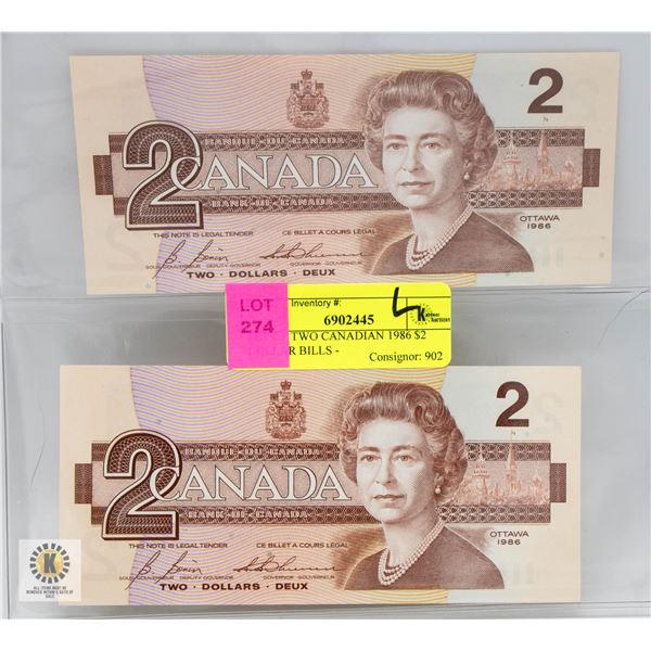 SET OF TWO CANADIAN 1986 $2 DOLLAR BILLS -