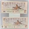 Image 2 : SET OF TWO CANADIAN 1986 $2 DOLLAR BILLS -