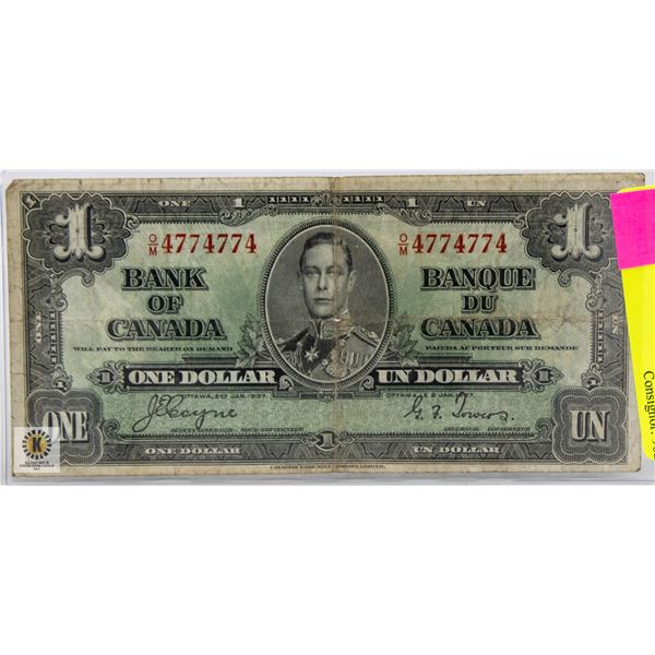 1937 CANADIAN $1 DOLLAR BILL WITH
