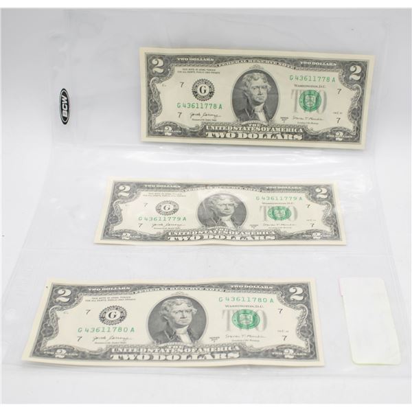 3 CONSECUTIVE $2 NOTED G43611778-779-780