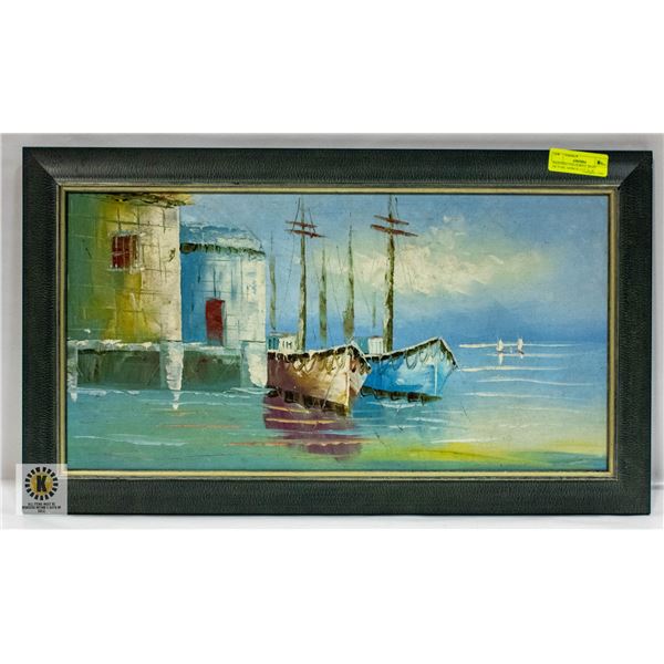 PAINTING COLOURFUL BOAT PICTURE APPROX 27.5” X 16”