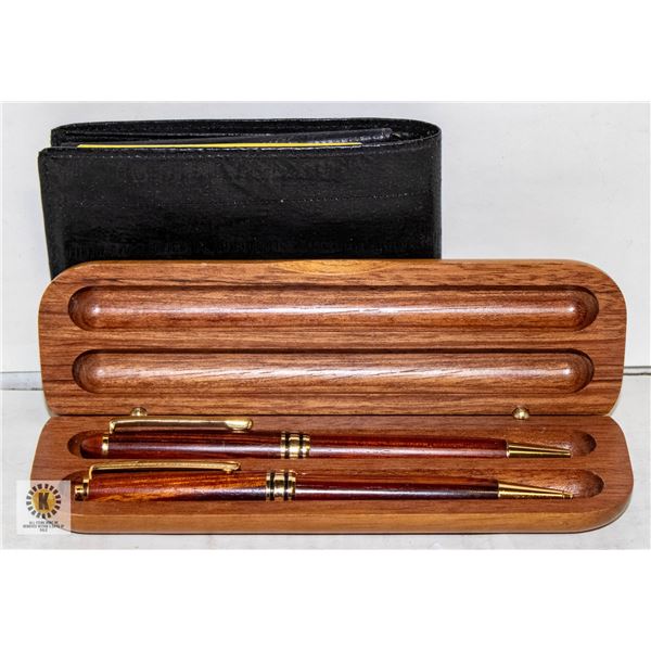 UNUSED GENUINE EEL SKIN WALLET+2 WOODEN CASED PENS