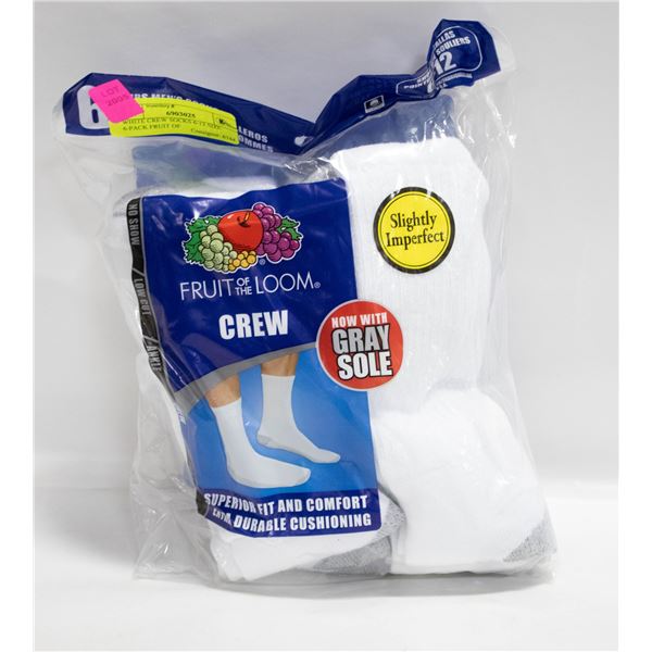 WHITE CREW SOCKS 6-12 SIZE 6-PACK FRUIT OF