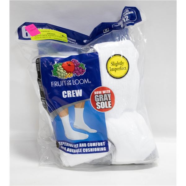 WHITE CREW SOCKS 6-12 SIZE 6-PACK FRUIT OF