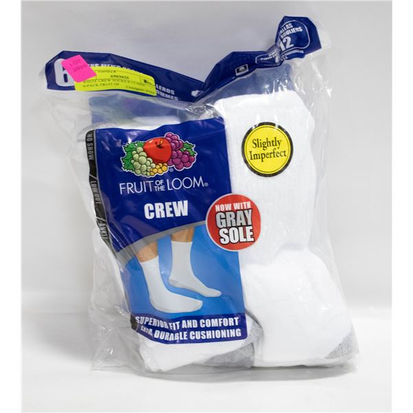 WHITE CREW SOCKS 6-12 SIZE 6-PACK FRUIT OF