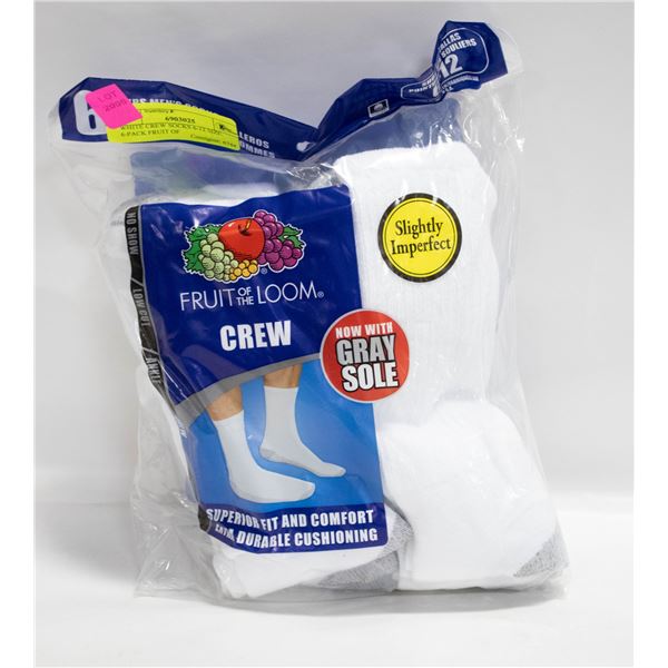 WHITE CREW SOCKS 6-12 SIZE 6-PACK FRUIT OF