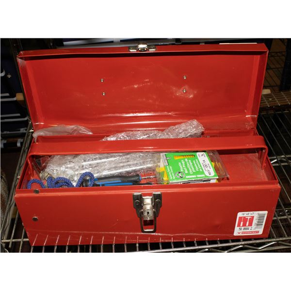 16" X 6" X 7" RED TOOL BOX WITH CONTENTS