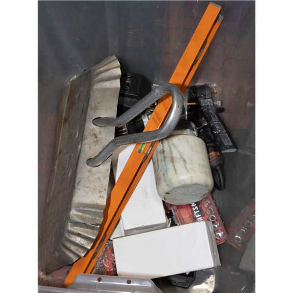 BIN OF ASSORTED TOOLS AND ACCESSORIES