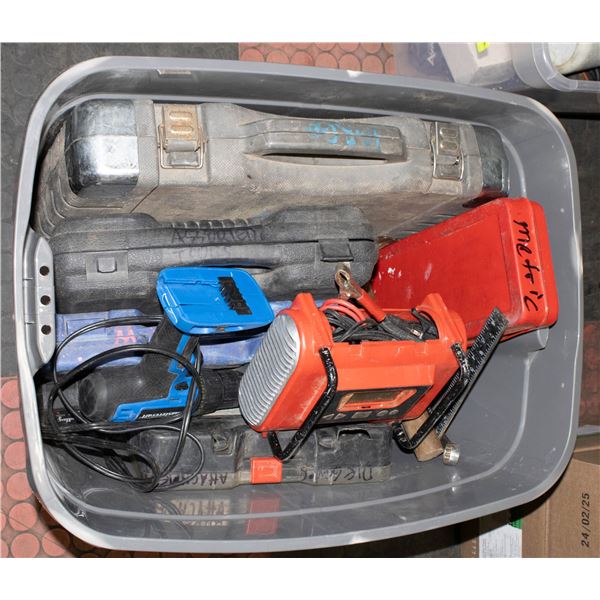 BIN FULL OF ASSORTED TOOLS SOCKETS MORE