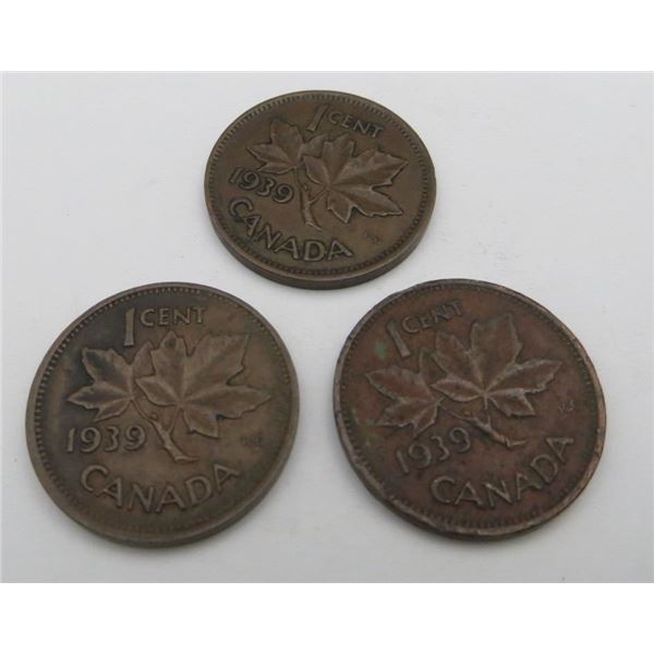 3x Canadian Pennies 1939