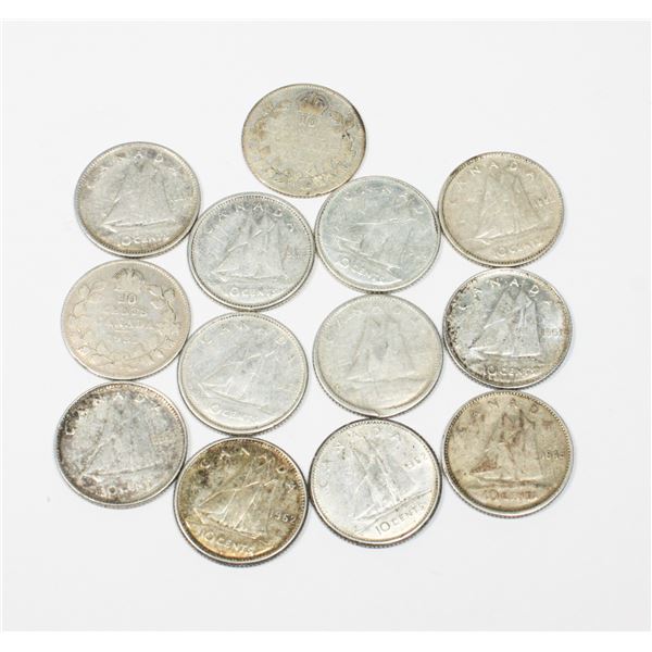 BAG WITH 13 SILVER DIMES 80% VARIOUS YEARS/