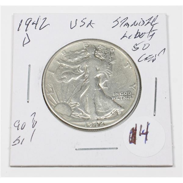 1942 D 50 CENT STANDING LIBERTY 90% SILVER USA