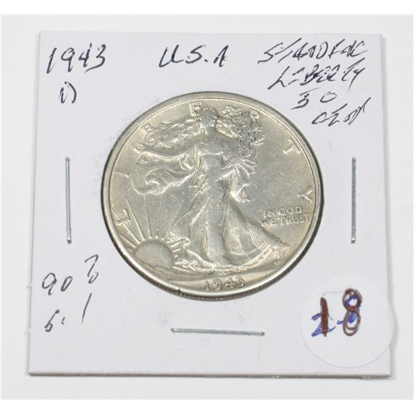 1943 D 50 CENT STANDING LIBERTY 90% SILVER USA
