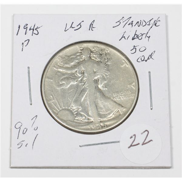 1945 P 50 CENT STANDING LIBERTY 90% SILVER USA