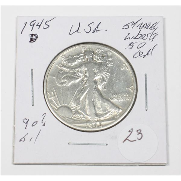 1945 D 50 CENT STANDING LIBERTY 90% SILVER USA