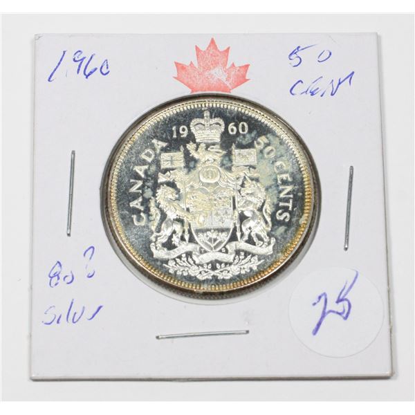 1960 50 CENT PIECE 80 % SILVER GOLD TONING ALONG