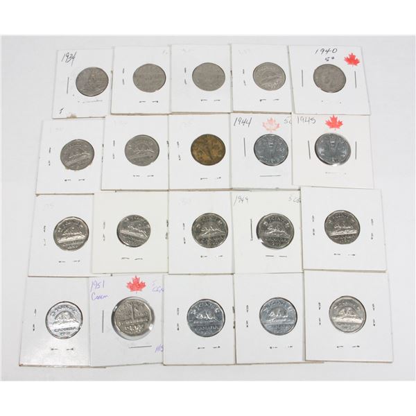 20 SLEEVE NICKELS 1934,35,36,37,40,41,42,43 TOMBAC