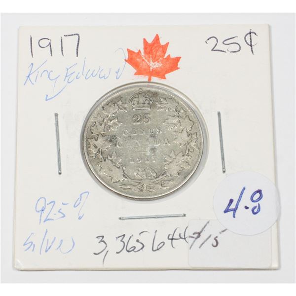 1917 KING GEORGE V QUARTER 92.5 % SILVER W.W.I