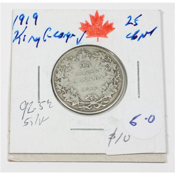 1919 KING GEORGE V QUARTER 92.5 % SILVER W.W.I.