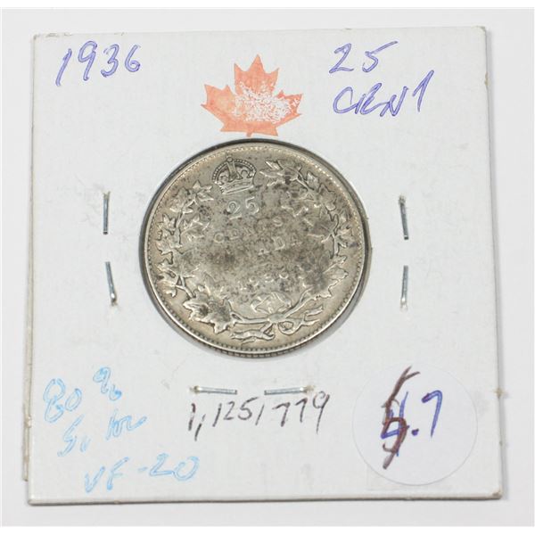 1936 KING GEORGE V QUARTER 80 % SILVER