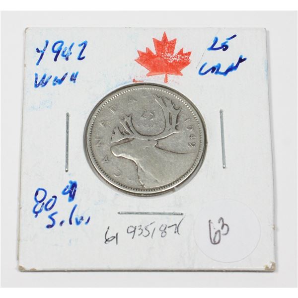 1942 KING GEORGE VI QUARTER 80 % SILVER W.W.II