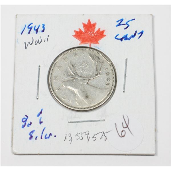 1943 KING GEORGE VI QUARTER 80 % SILVER W.W.II