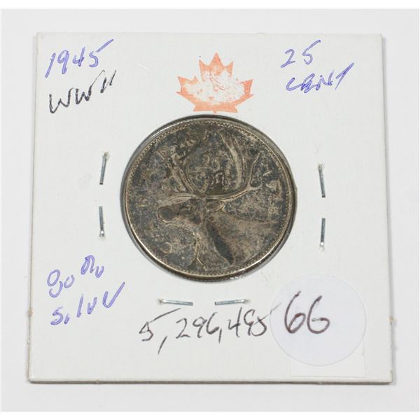 1945 KING GEORGE VI QUARTER 80 % SILVER W.W.II