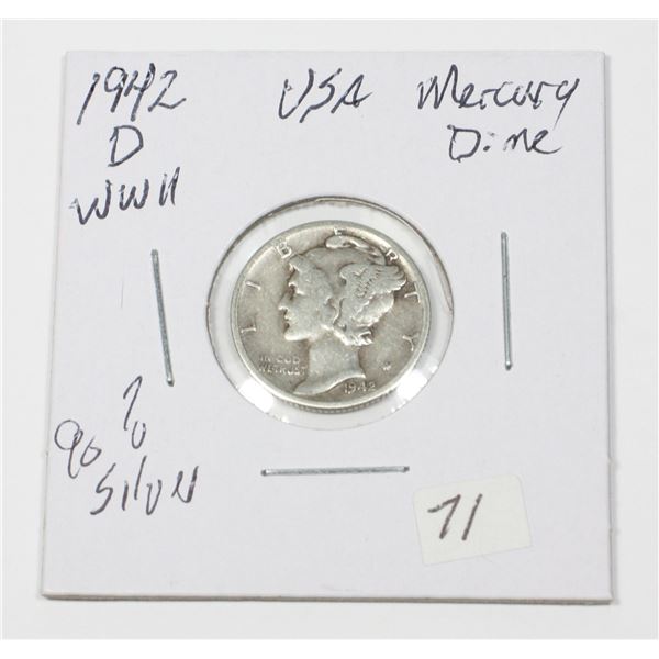 1942 D W.W.II USA MERCURY DIME 90% SILVER