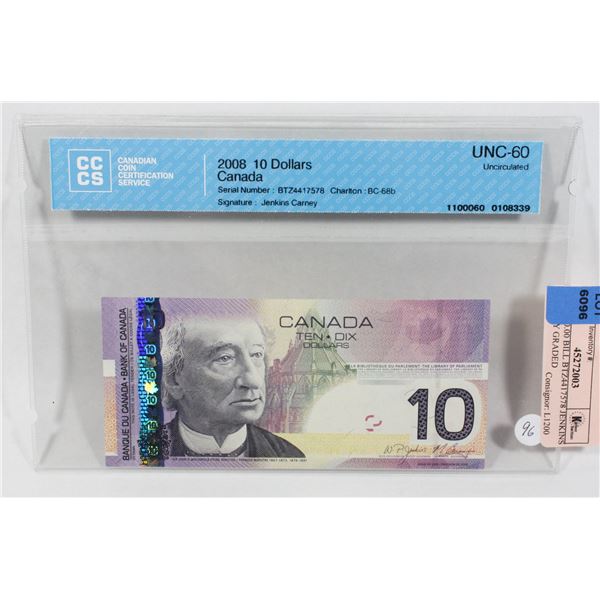 2008 $10.00 BILL BTZ4417578 JENKINS CARNEY GRADED